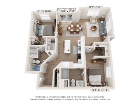 Floor plan for 2 beds, 2 baths, 1081 sqft